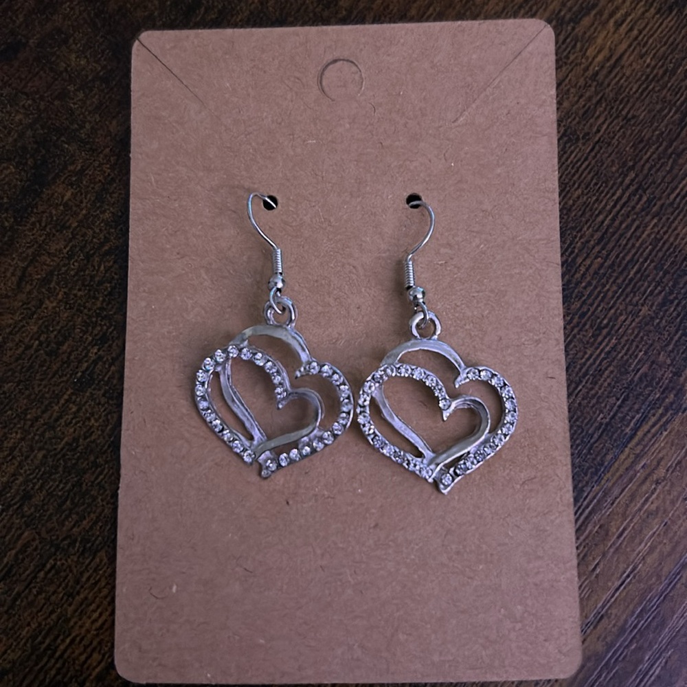 Silver Heart Dangle Earrings with Crystal Accents